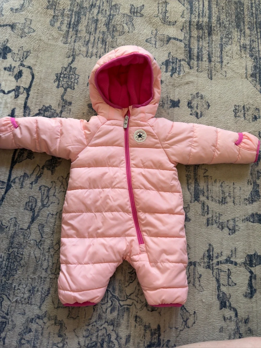 Converse Baby Pink Puffer Snowsuit with Hot Pink Trim